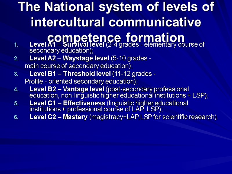 The National system of levels of intercultural communicative competence formation Level A1 – Survival